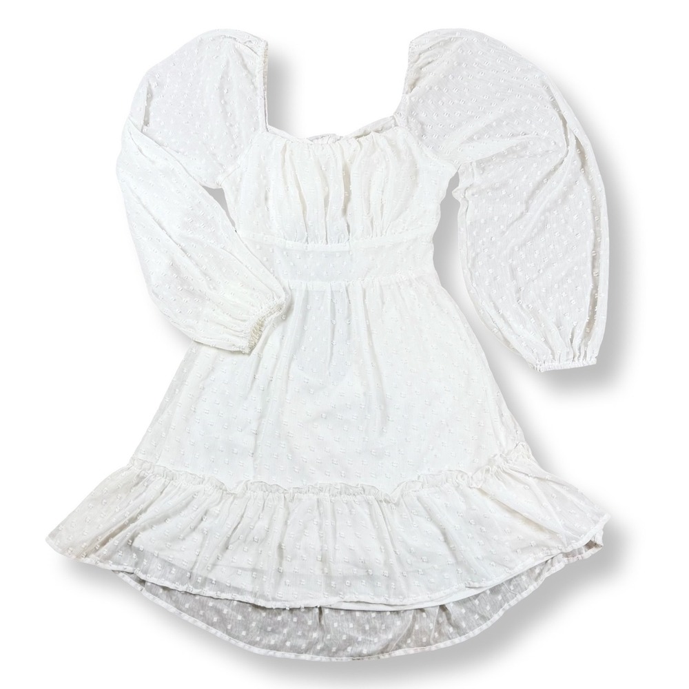 Altar'd State White Clip Dot Mini Dress‎ Balloon Sleeve Tie Back Bridal Small